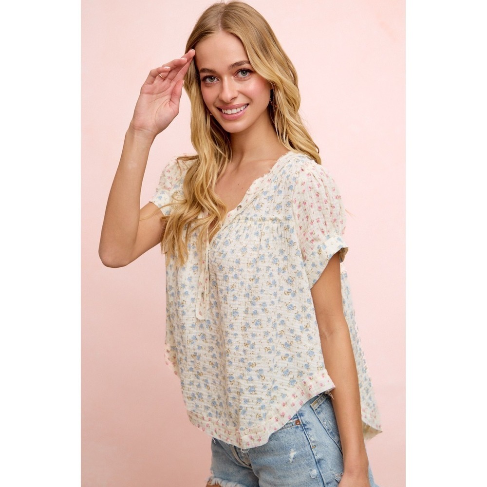 BiBi Floral Crinkle Neckdrop Short Sleeve Blouse Top - Medium - Picture 4 of 10